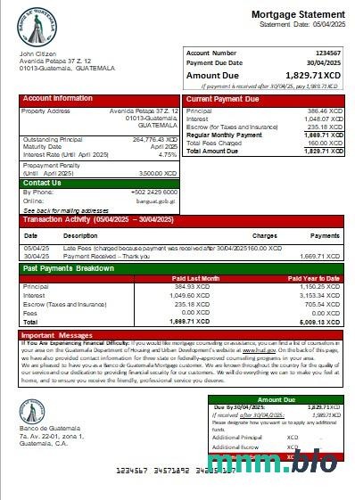 Gwatemala Banco de Guatemala wyciąg z kredytu hipotecznego szablon Word i PDF